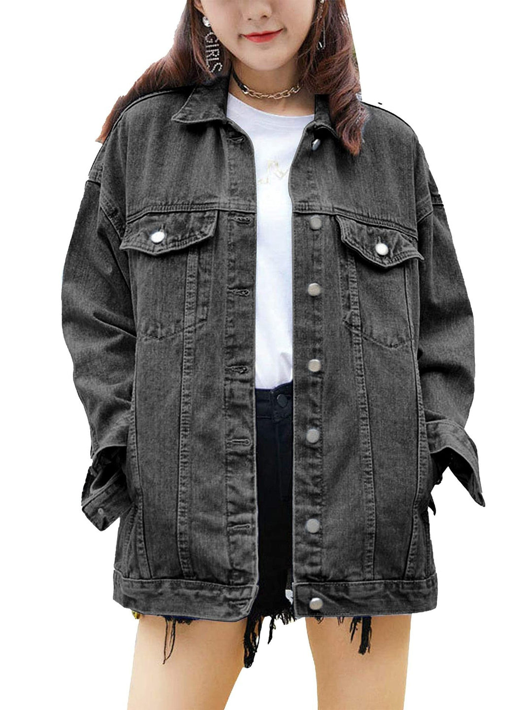 Veste en denim surdimensionnée pour femmes avec des boutons-pression décoratifs Chic & Stil
