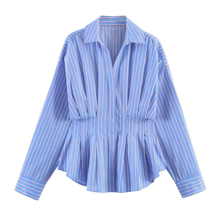 Women Striped Oversized Blouse with Tailoring Gatherings and Shirt Collar Amarae