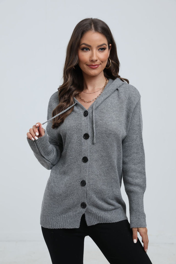 Hooded knit jacket for women with button closure and wide ribbed pattern Lune London