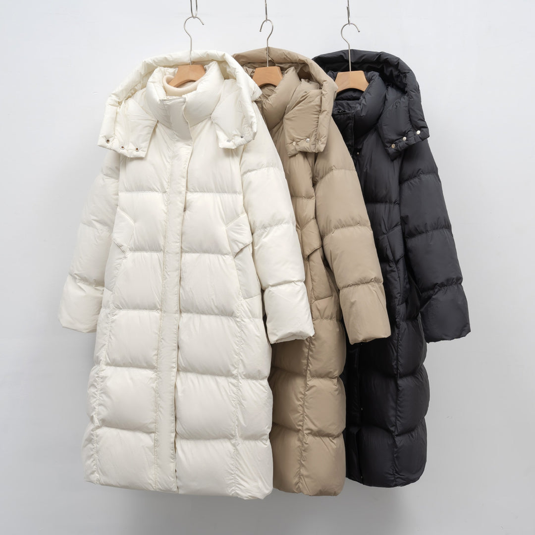 Women Long Down Coat With Adjustable Hood And Luxury Chic Inner Lining