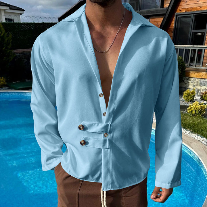 Men's elegant long sleeve blouse with shawl collar and button details Amarae