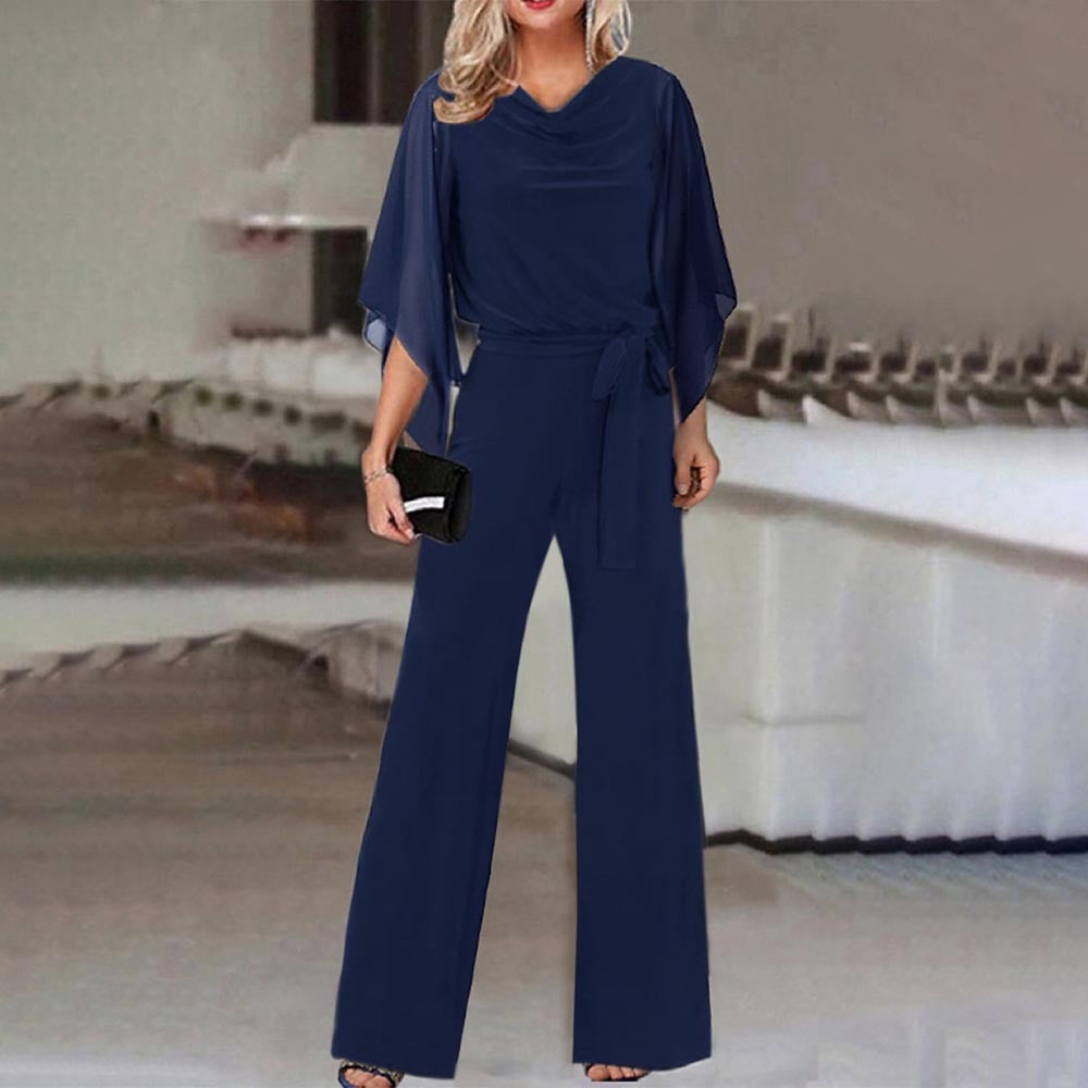 Women’s Wide-Leg Jumpsuit with Cascading Neckline & Lace-Up Waist | Lune London