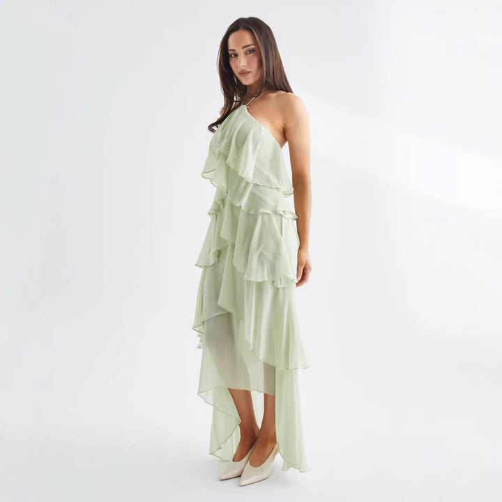 Women's Airy Chiffon Maxi Dress with Ruffle Details and Elegant Halter Neck Lune London