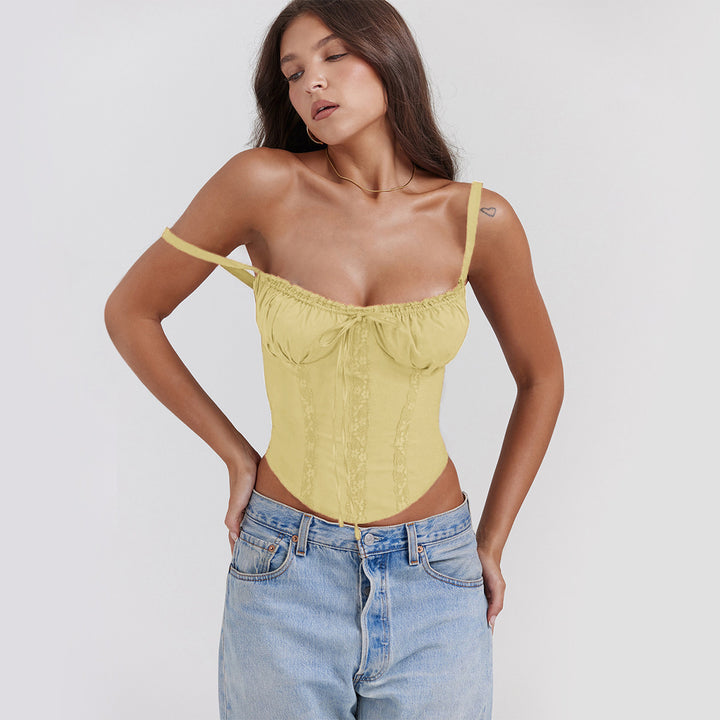 Ladies corset top with ruffle details and adjustable straps Lune London