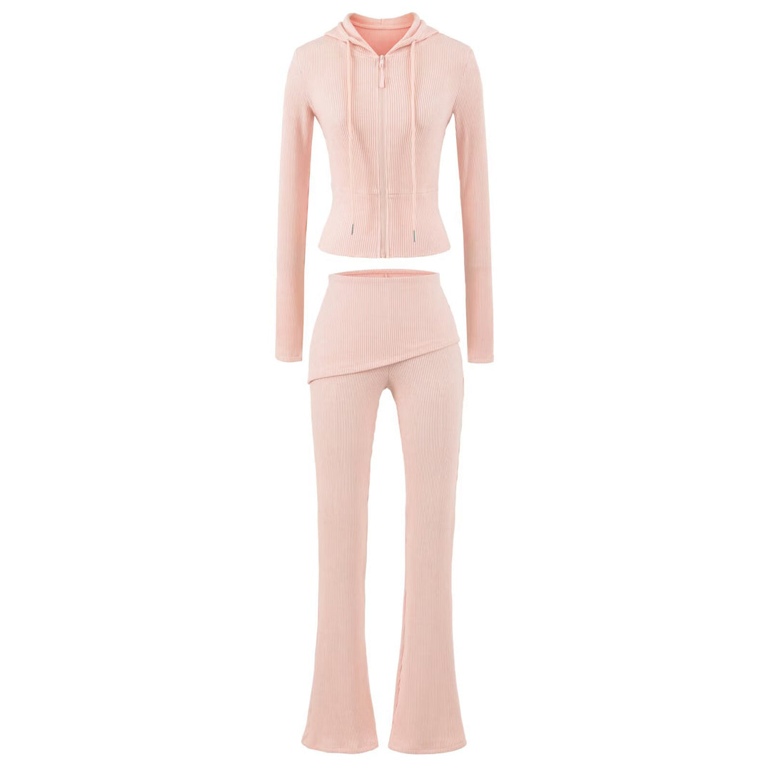 Women's Ribbed Lounge Set with Hooded Jacket and Wrap Waist Pants Amarae