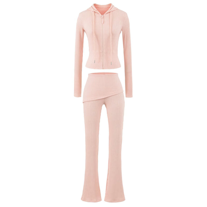 Women's Ribbed Lounge Set with Hooded Jacket and Wrap Waist Pants Amarae