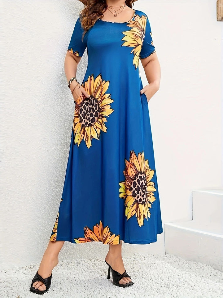 Summer maxi dress for women with sunflower floral pattern and practical pockets Lune London