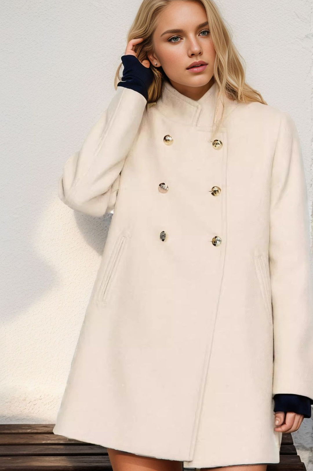 Elegant transitional coat for women with double-breasted fastening and deep lapels Amarae