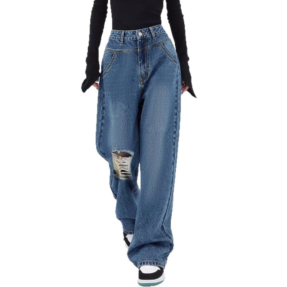 Women high-waisted oversized baggy jeans with knee rip and wide leg Amarae
