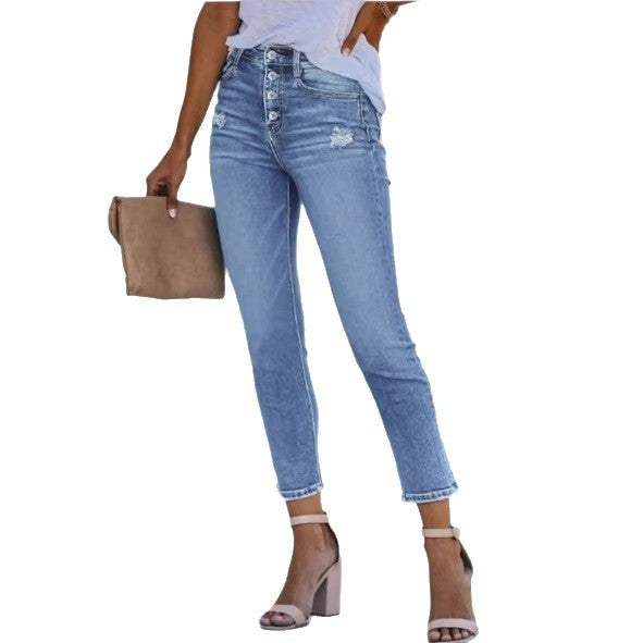 Women's High-Waisted Slim Jeans with Visible Button Placket and Ankle-Length Fit Amarae