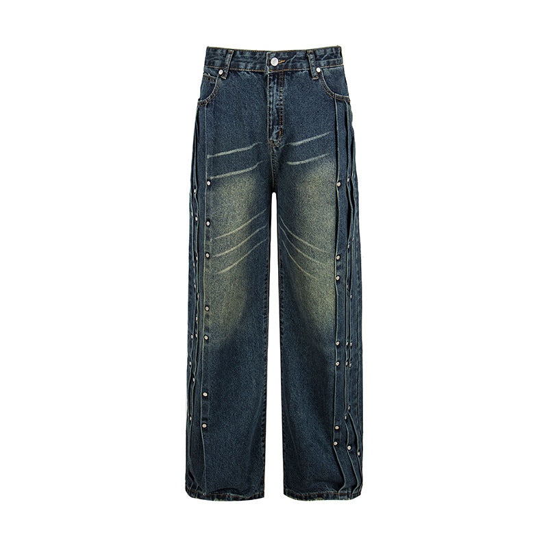 Women's Loose Denim Jeans with Snap Button Side Stripes, High Waist and Used Wash Amarae
