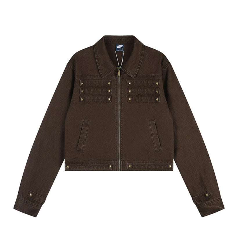 Women’s Short Cut Canvas Jacket with Shirt Collar and Pyramid Studs Amarae