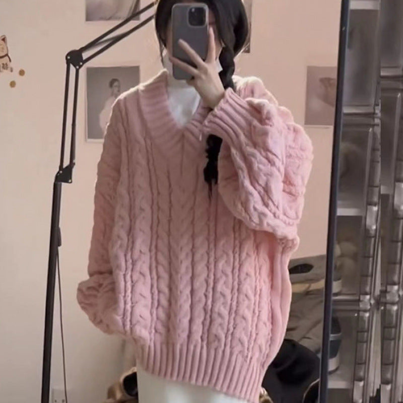 Pull en tricot épais pour femmes avec col en V et manches volumineuses Chic & Stil