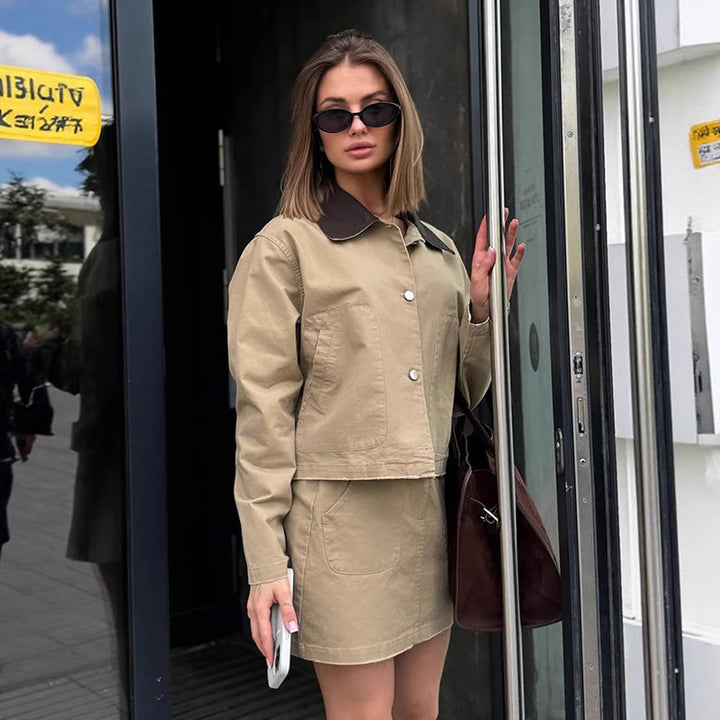 Women's Two-Piece Cotton Utility Set with Cropped Jacket and Mini Skirt Amarae