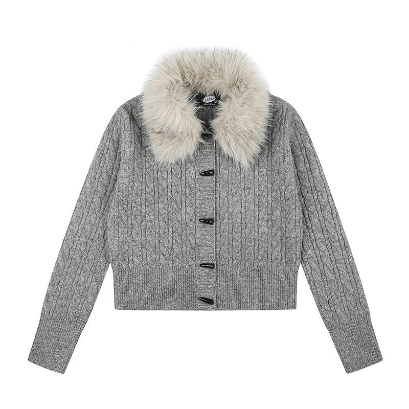 Women's Short Cable Knit Cardigan with Removable Faux Fur Collar and Toggle Button Closure Amarae