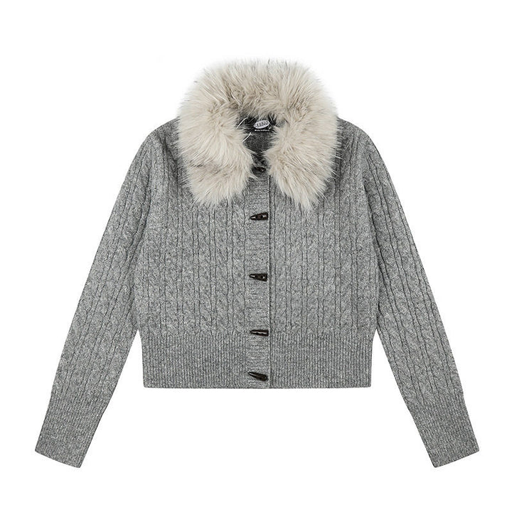 Women's Short Cable Knit Cardigan with Removable Faux Fur Collar and Toggle Button Closure Amarae