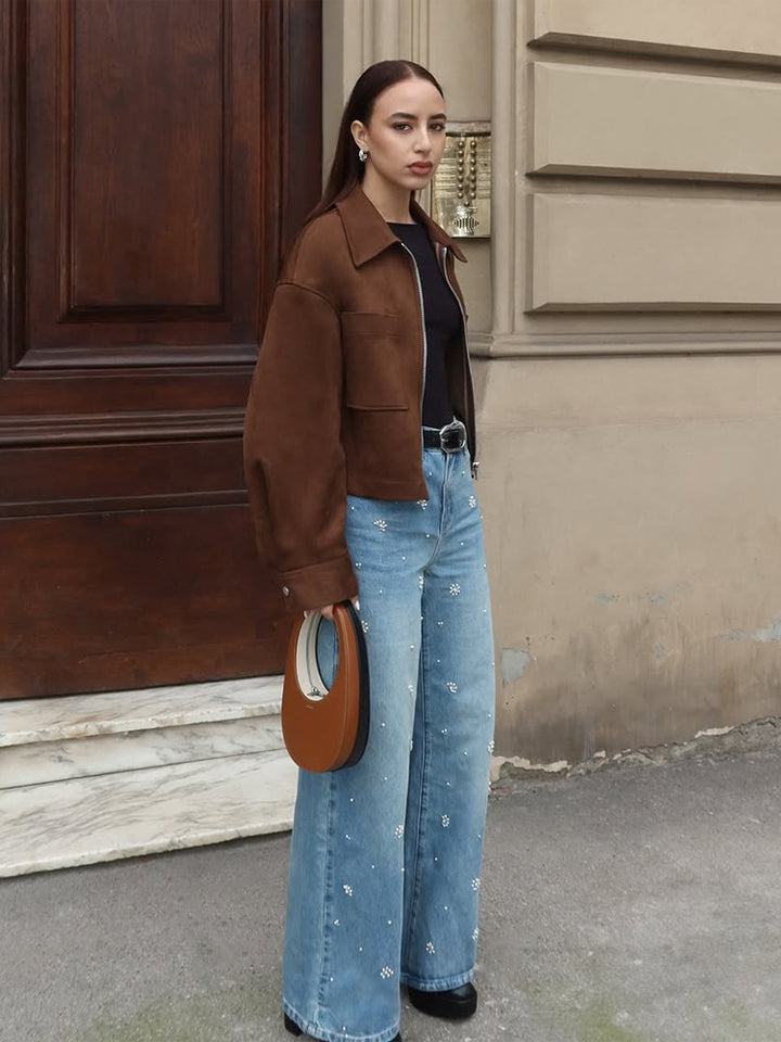 Ladies Short Suede Look Jacket with Zipper and Oversized Sleeves Amarae