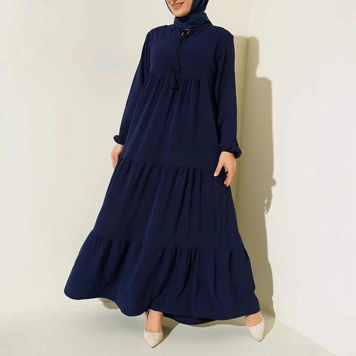 Maxi dress for women with voluminous skirt and fine fringes Lune London
