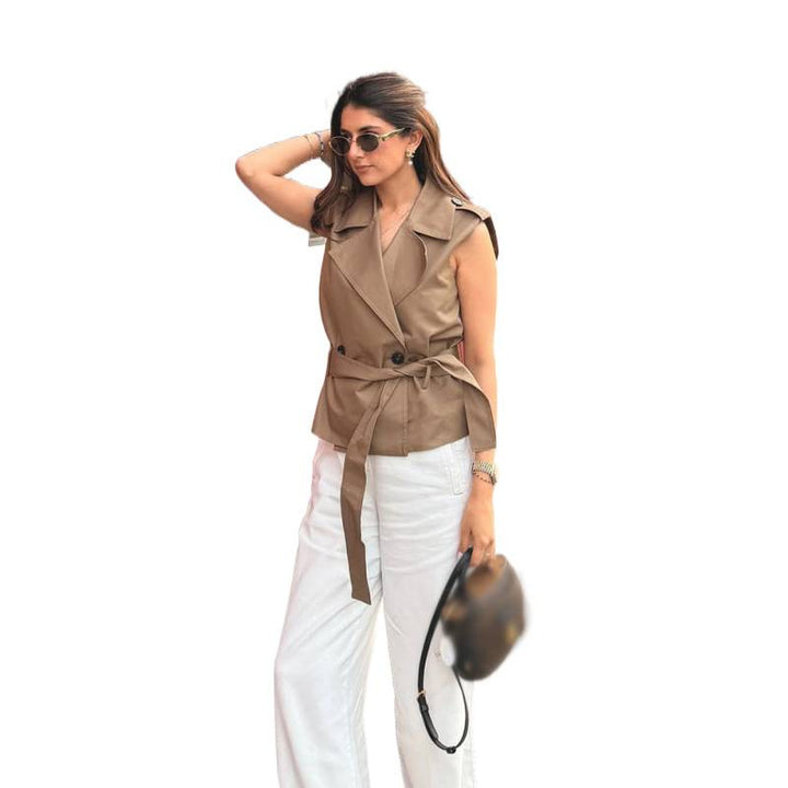 Women’s Sleeveless Tailored Trench Vest with Ties & Shoulder Flaps Amarae