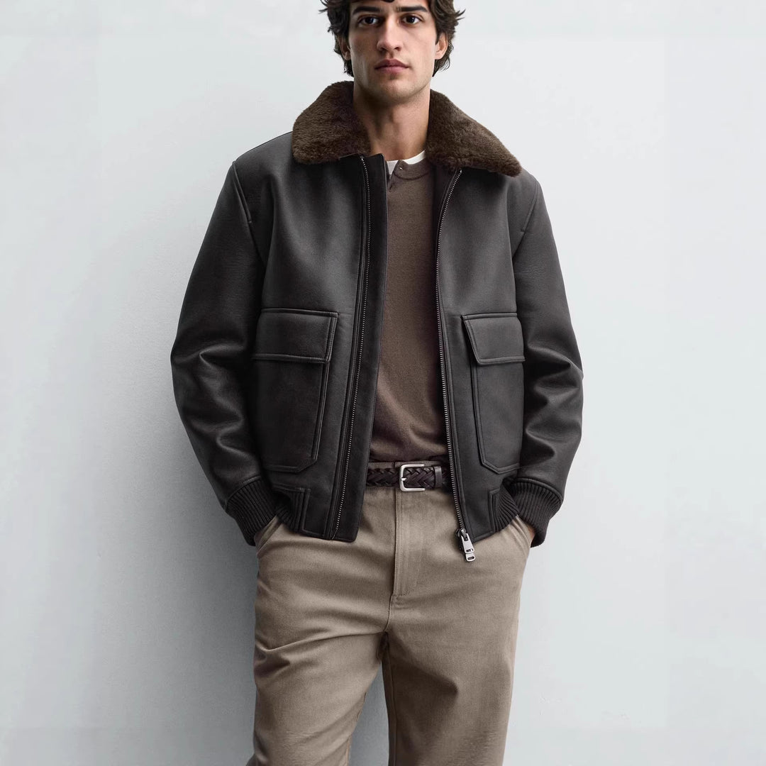 Men's leather blouson with cozy lamb fur collar Amarae