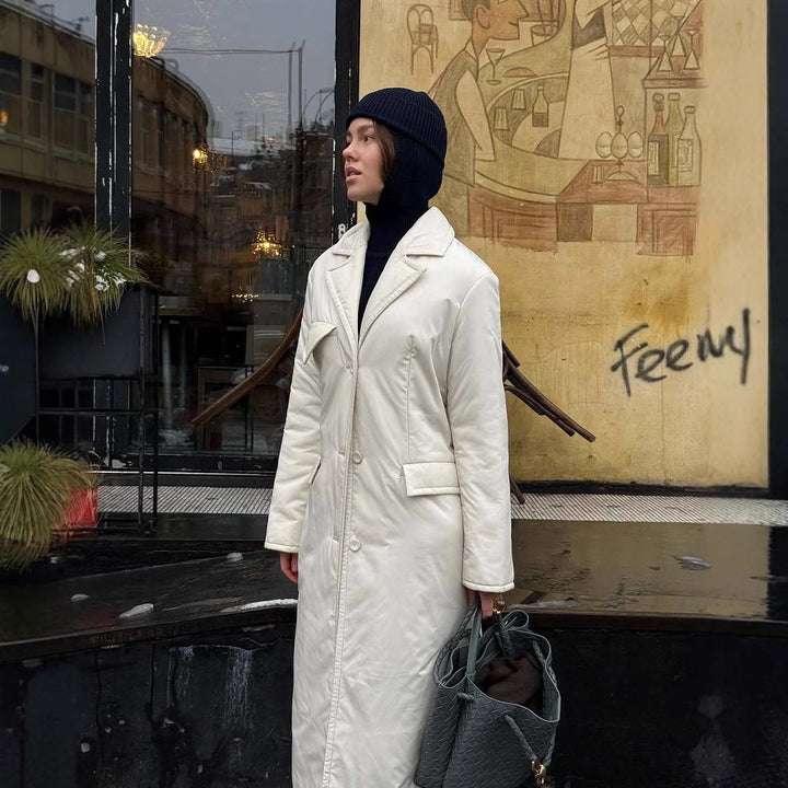 Ladies Long Down Jacket with Elegant Chic Lapels