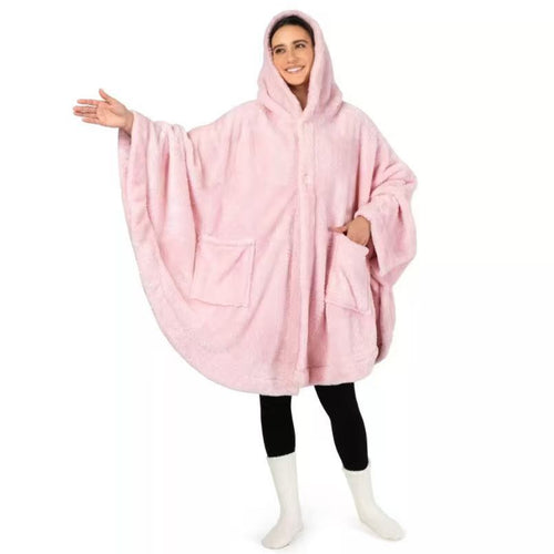 Ladies Comfortable Fleece Poncho with Hood and Practical Pockets Amarae