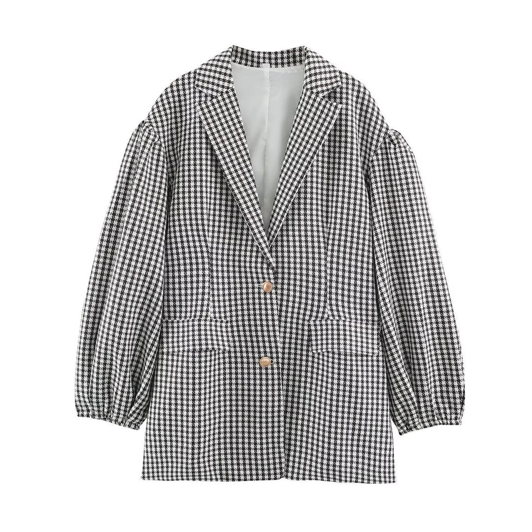 Women Oversized Blazer in Houndstooth Pattern with Balloon Sleeves and Patching Pockets Amarae