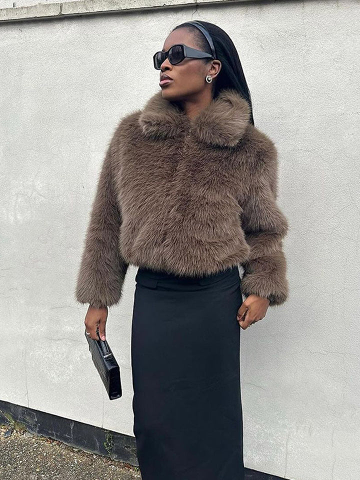 Women Short Boxy Faux Fur Blouson with Voluminous Shawl Collar and Lined Interior Amarae