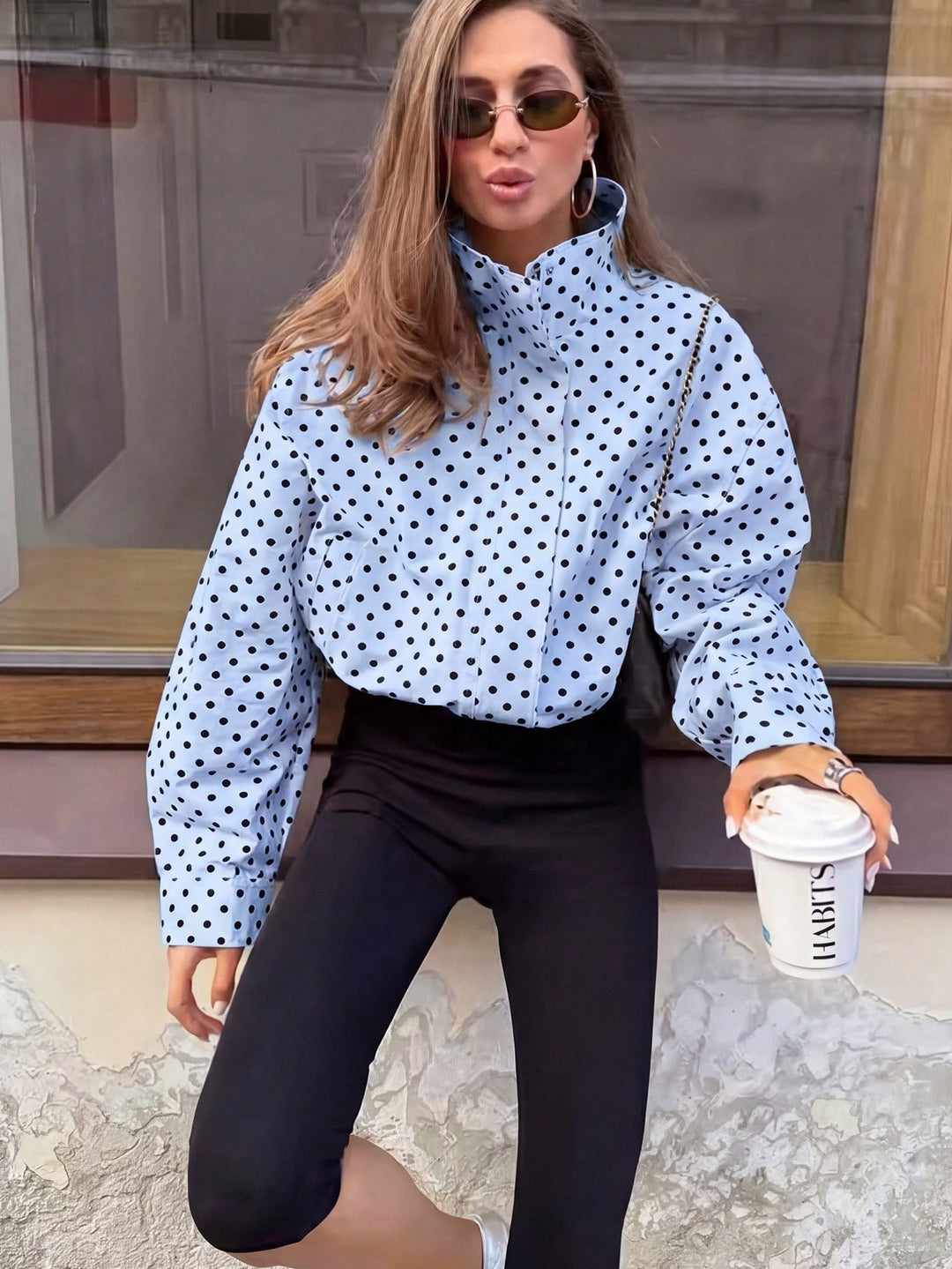 Women Polka Dot Blouse with Stand-up Collar and Balloon Sleeves Amarae