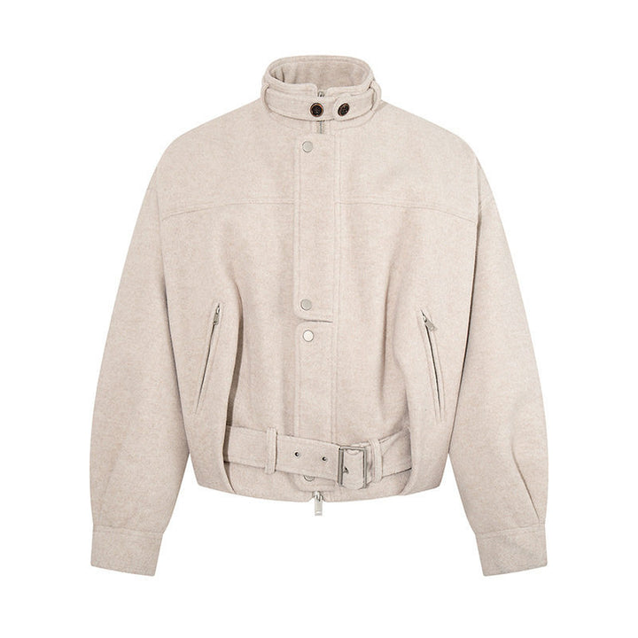 Women's short wool bomber jacket with high stand collar, waist belt and concealed zipper Amarae