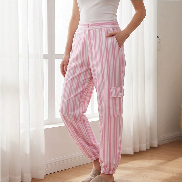 Women's Striped Cargo Lounge Pants with High Waist, Elastic Ankle Cuffs and Flap Pockets Amarae