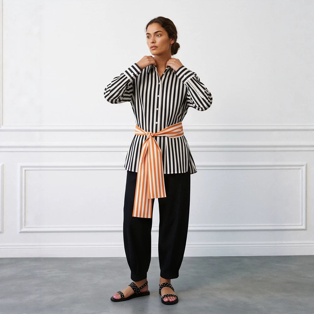 Women Vertical Striped Oversize Shirt Blouse with Boxy Silhouette and Tie Belt Amarae