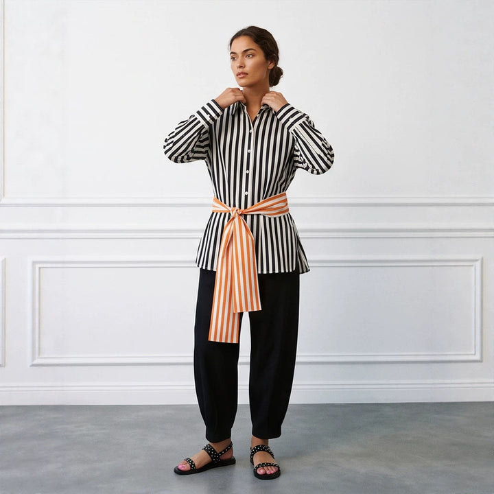 Women Vertical Striped Oversize Shirt Blouse with Boxy Silhouette and Tie Belt Amarae