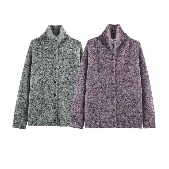 Women's Chunky Knit Cardigan with High Roll Neck and Continuous Button Placket Amarae