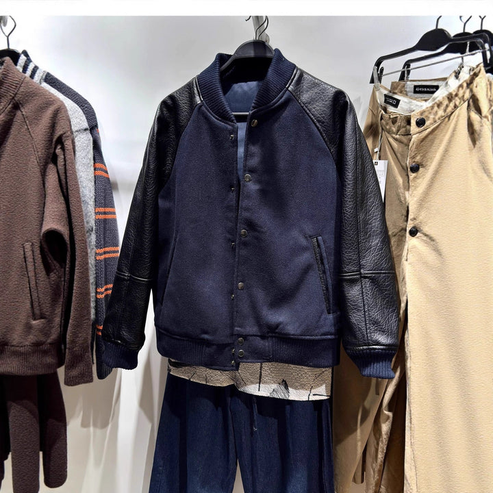 Men's College Bomber Jacket with Wool Body and Leather Sleeves Amarae
