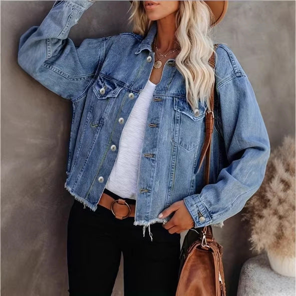Women's Short Cut Oversized Denim Jacket with Frayed Hem and Flap Pockets Amarae