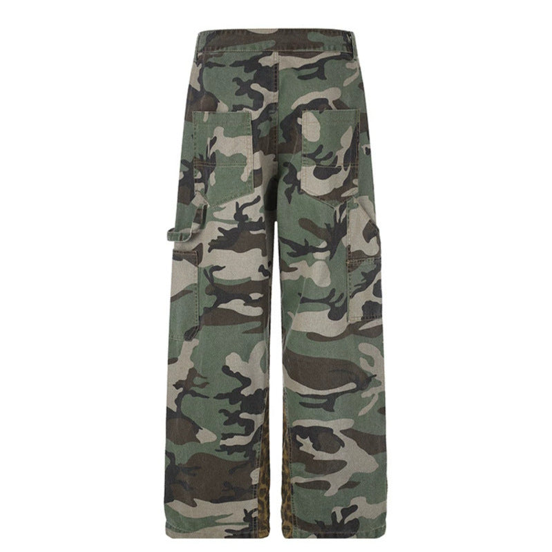 Women's wide cargo pants with camouflage print and leopard contrast stripes Amarae