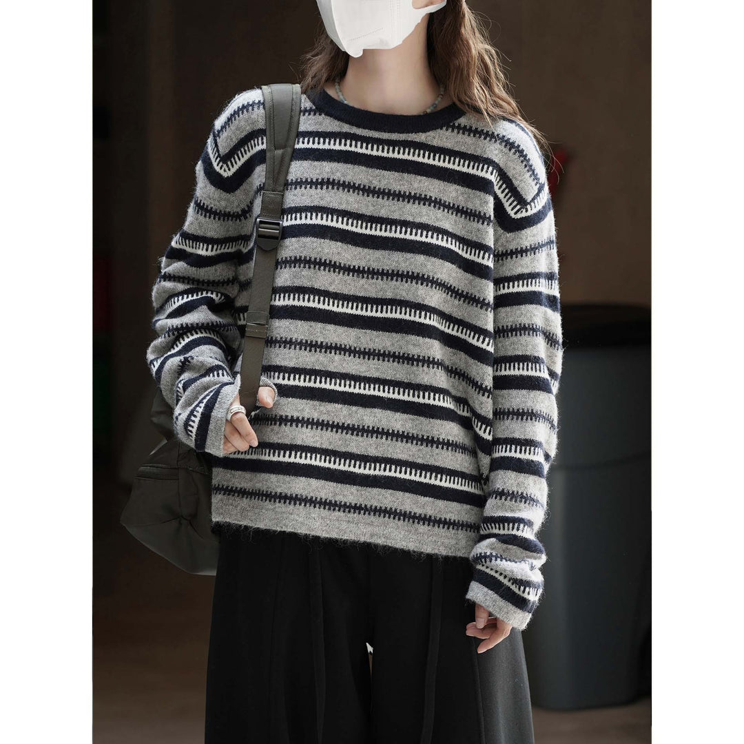 Women's Striped Chunky Knit Sweater with Mohair Look and Boxy Cut Amarae