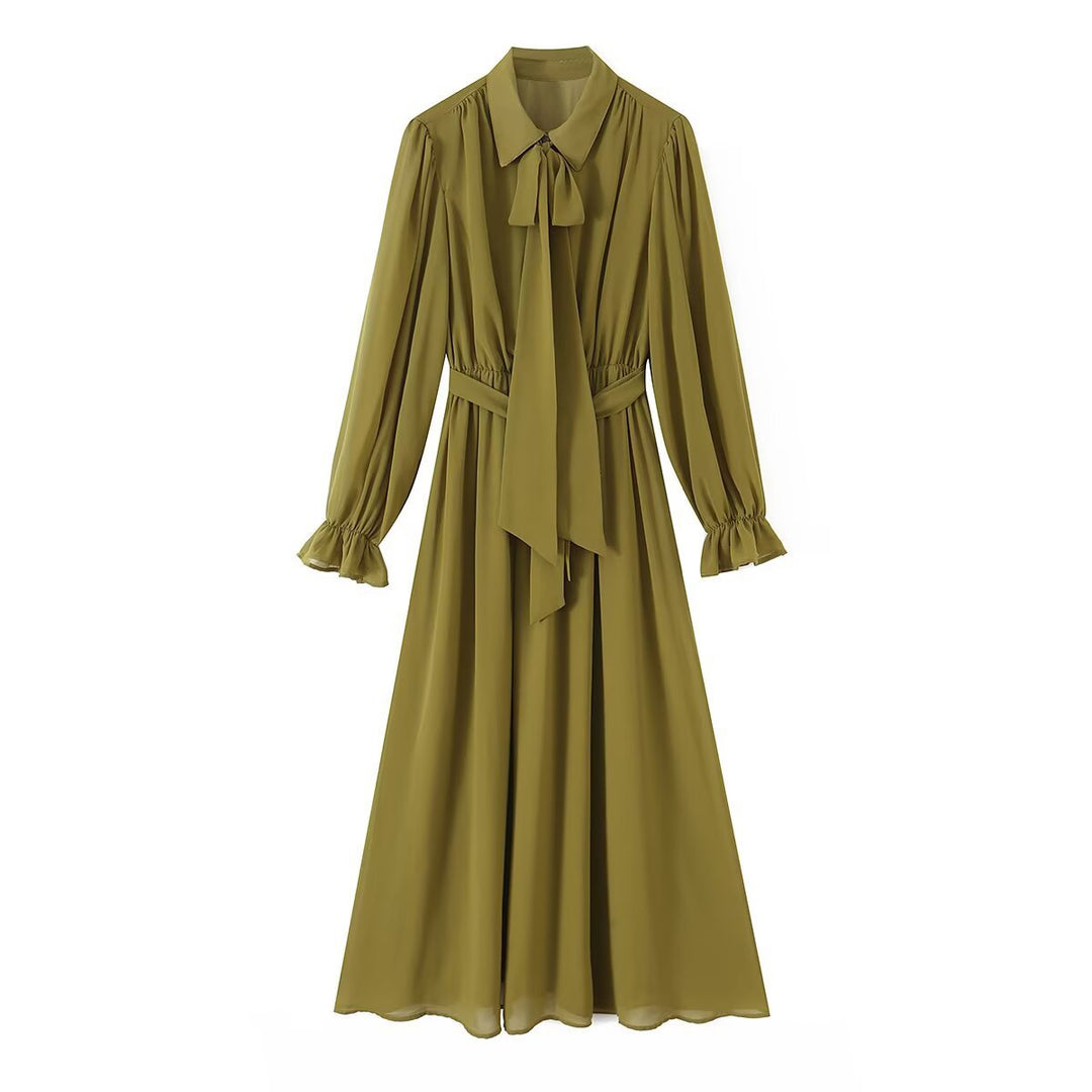 Women's chiffon maxi dress with tie bow, fitted knot band, and ruffled sleeves Amarae