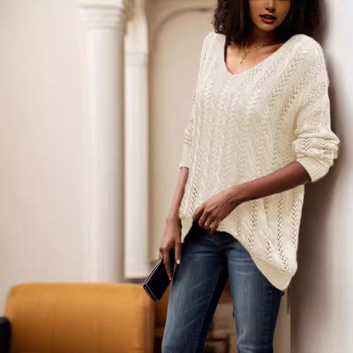 Knitted sweater for women with an airy crochet look and a loose fit Amarael