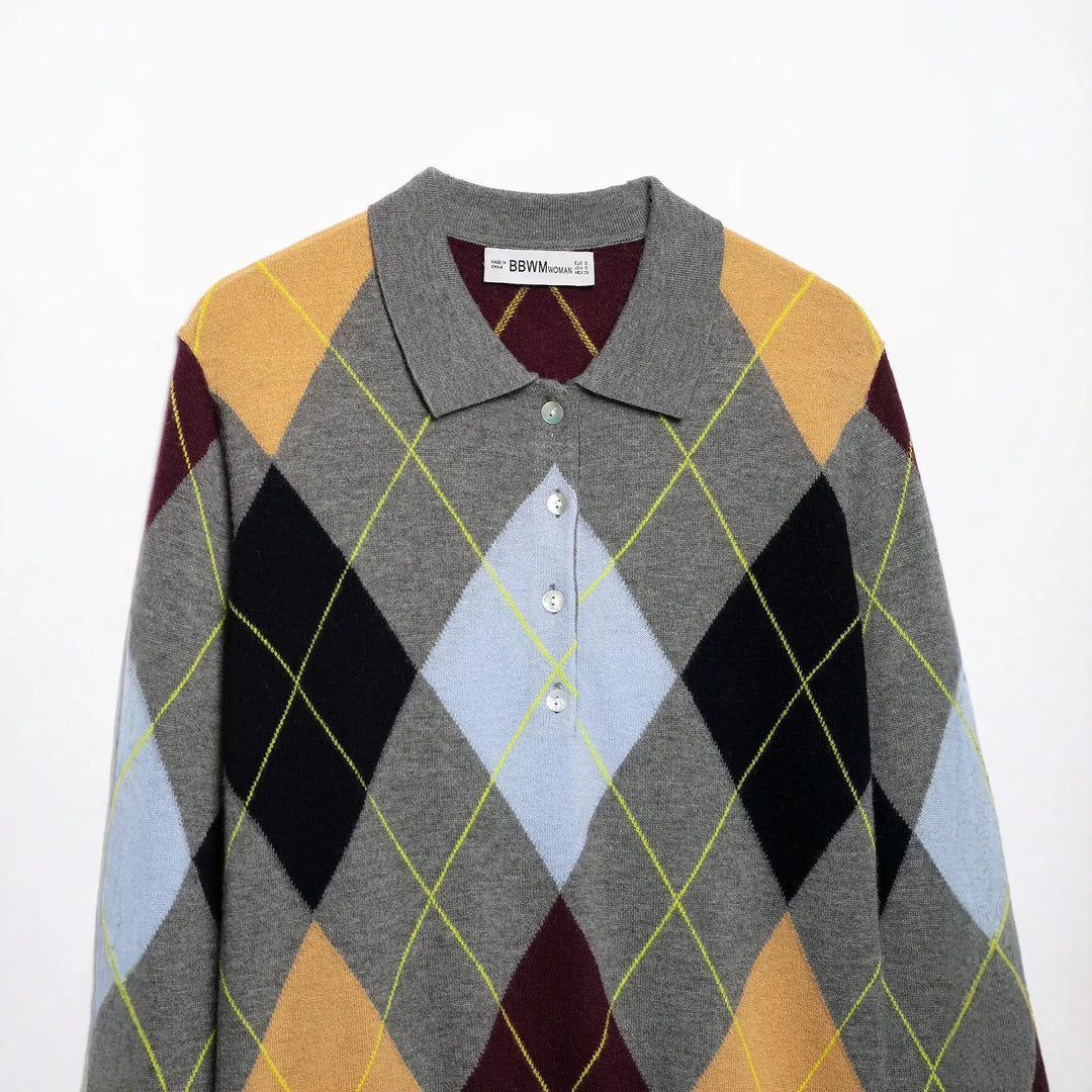 Women's pullover with polo collar and argyle jacquard pattern Amarae