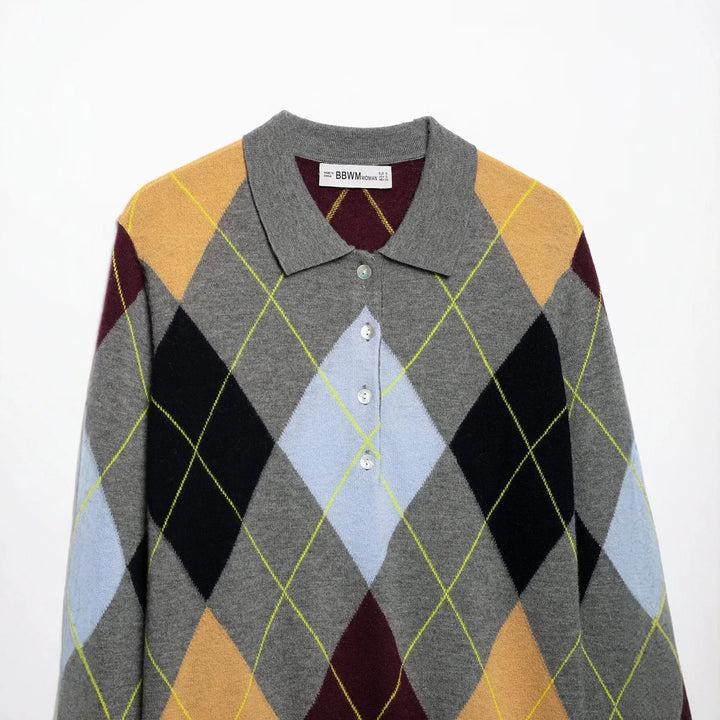 Women's pullover with polo collar and argyle jacquard pattern Amarae