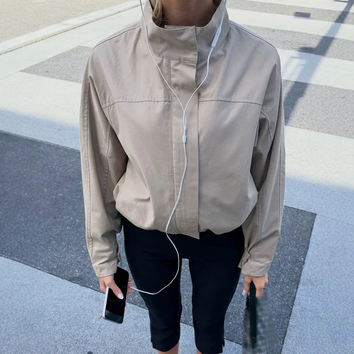 Women's Lightweight Cropped Utility Jacket with Stand-Up Collar, Concealed Button Placket and Elastic Hem Amarae