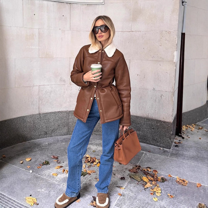 Women's Tailored Faux Leather Jacket with Drawstring, Teddy Collar and Snap Button Placket Amarae