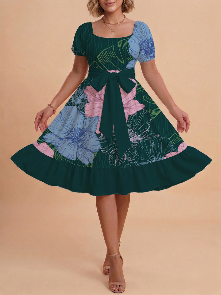 Women's floral dress with adjustable belt and voluminous sleeves Lune London