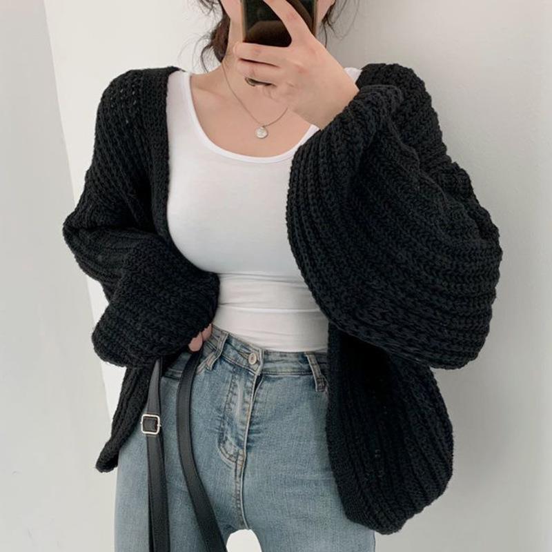 Oversized thick knit cardigan for women with deep V-neck Lune London