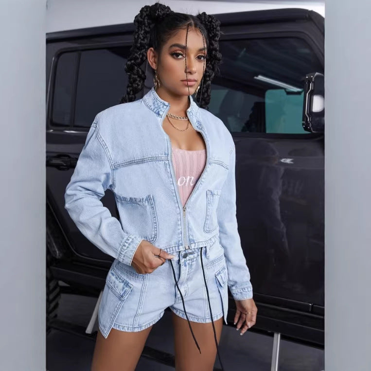 Women's short denim set with cropped jacket and cargo shorts Amarae