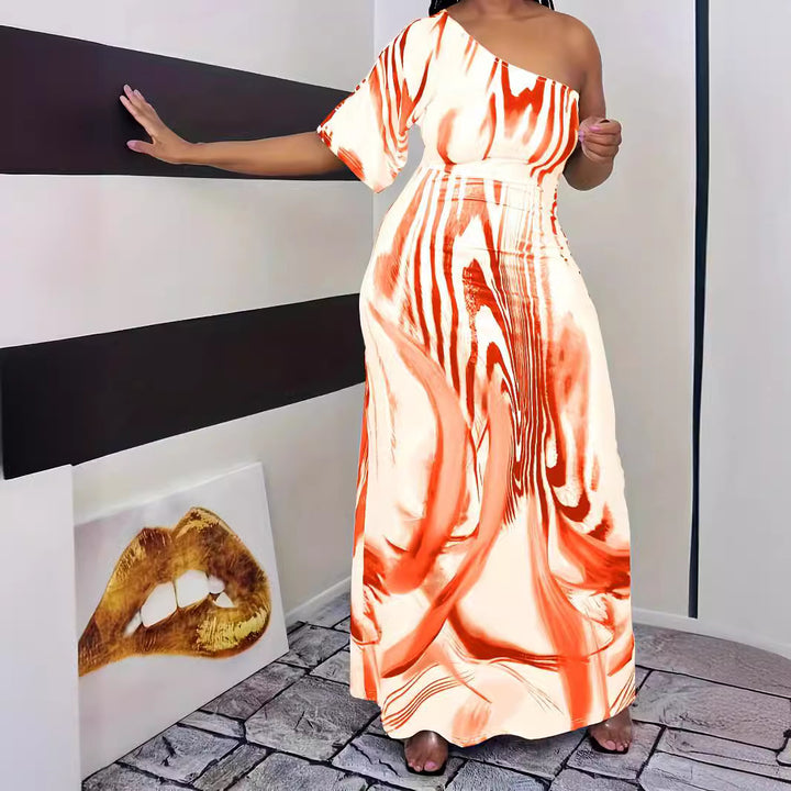 Maxi dress for women with asymmetrical cut and elegant pattern Lune London