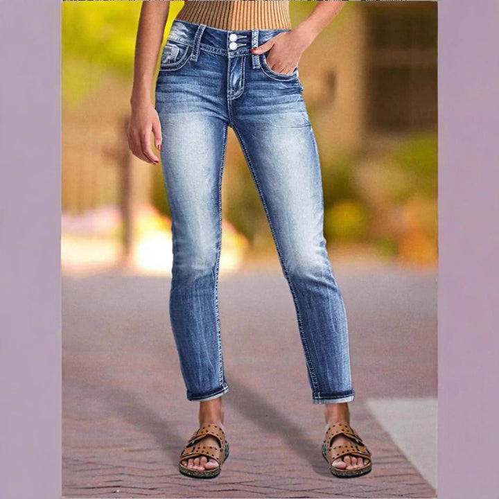 Women High-Waisted Cropped Skinny Jeans with Double Button and Vintage Wash Amarae