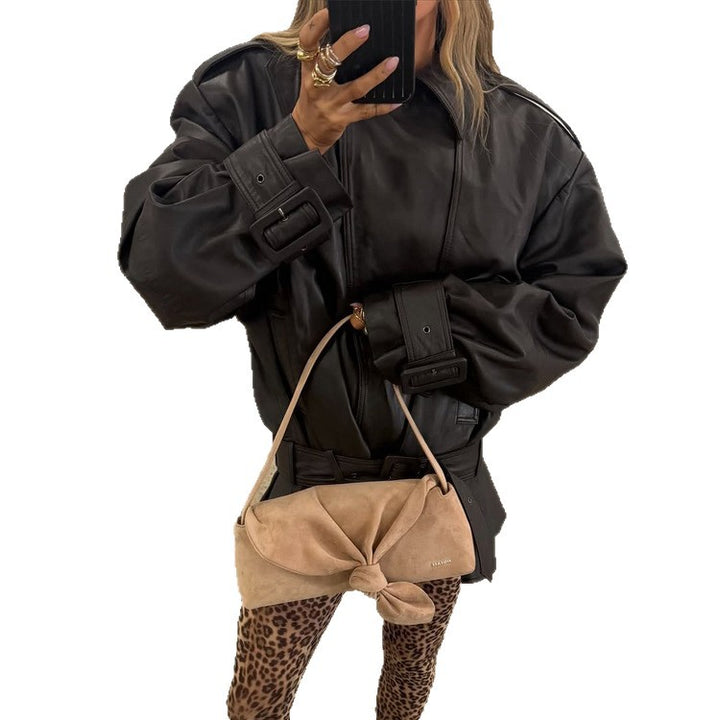 Ladies Oversize Leather Jacket with Tailoring Tie Belt and Ruffle Hem Amarae